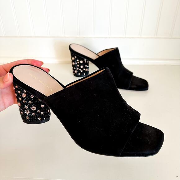 Stuart Weitzman Suede Crystal Embellished Block Heel Mule Sandals Black - Picture 1 of 5